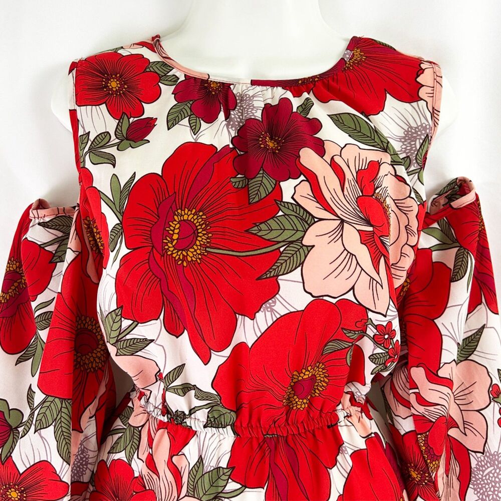 Go Coco Large-Scale Floral Print Maxi Dress (1X) Red Pink Green White Leg Slits - Picture 4 of 14